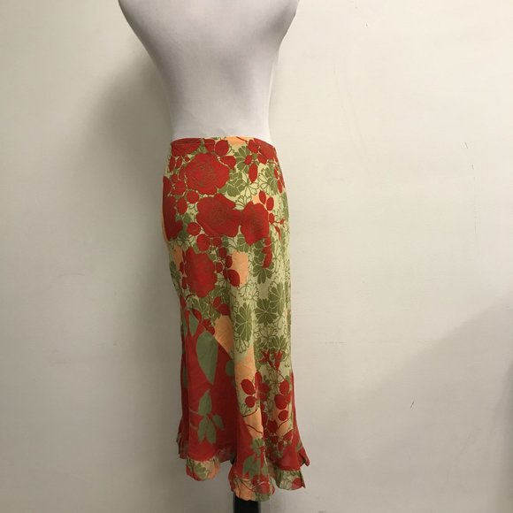 Harari red peach green floral silk midi skirt XL USA - Picture 3 of 4